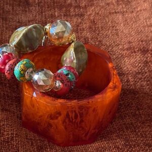 Orange Hexagonal Resin Bangle with Beaded Bracelet